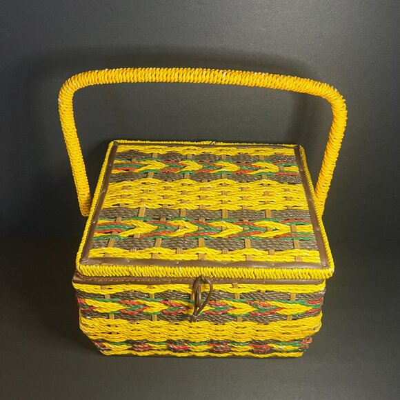 Vintage Sears Yellow & Brown Woven Wicker Hinged Lid Sewing Basket Box w/ Handle - Picture 3 of 11